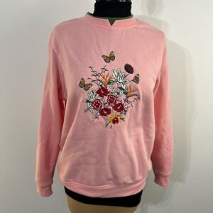 Heritage Charm Pink Floral Butterfly Sweatshirt – Size Small